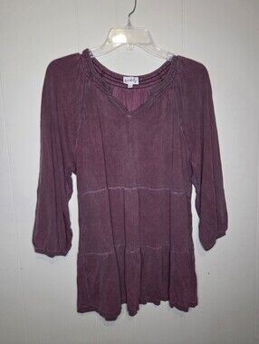 Wonderly Womens Burgundy Mineral Wash Smocked V-Neck Tiered Tunic Top L